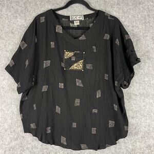 We Be Bop Top Womens 1X Black Printed Beaded Tribal Aztec Artsy Batik Relaxed